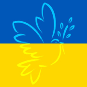 Afbeelding van de Oekraïense vlag waarin een vredesduif verwerkt is.