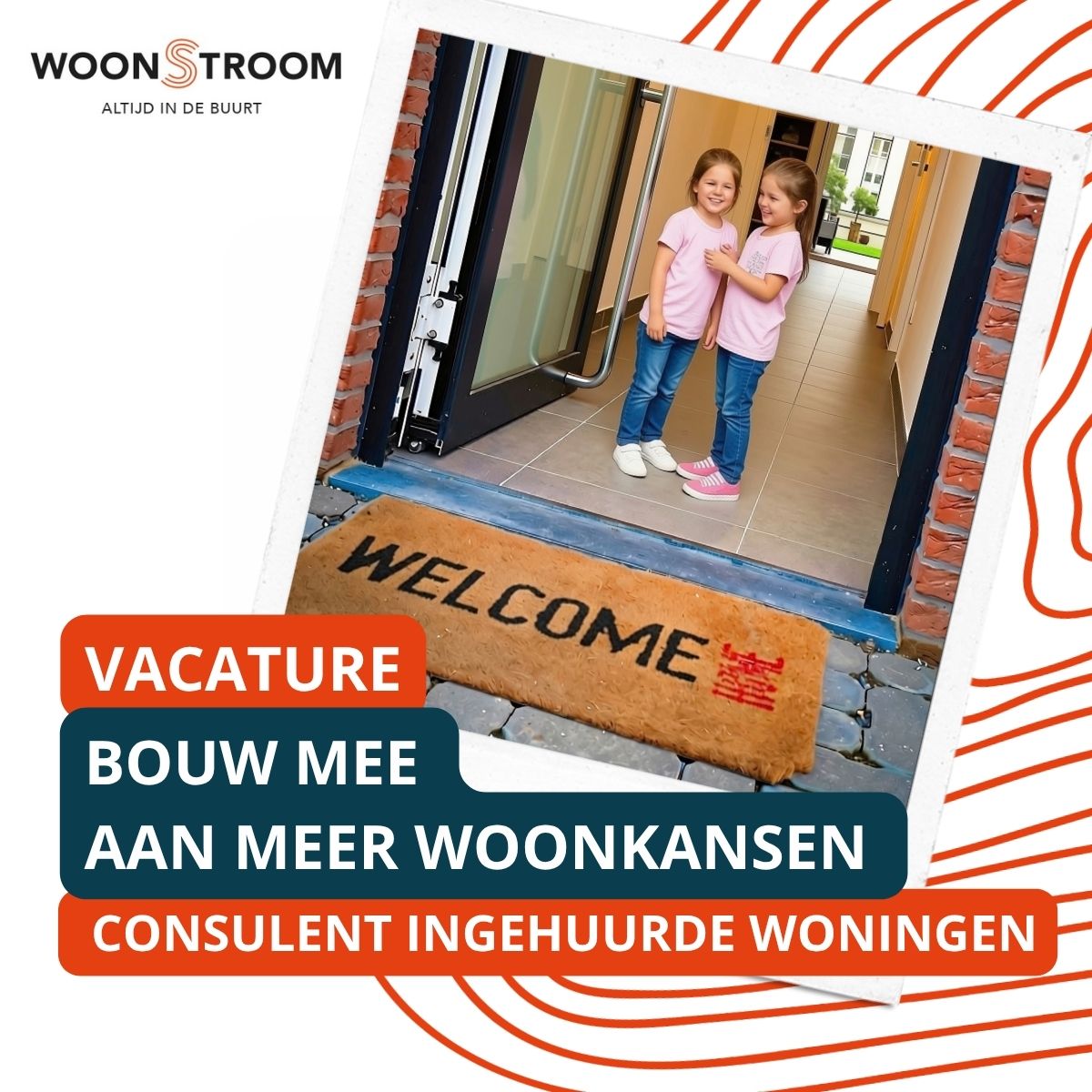 Deurmat aan een voordeur met 2 meisjes in de inkom.